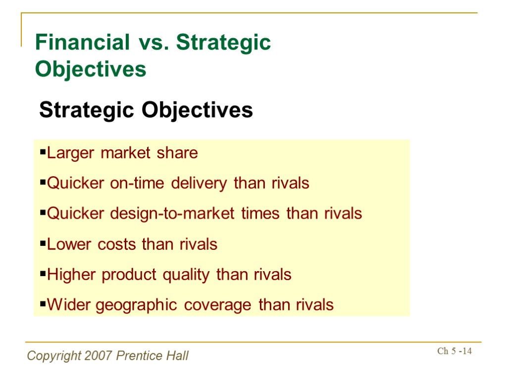 Copyright 2007 Prentice Hall Ch 5 -14 Financial vs. Strategic Objectives Strategic Objectives Larger